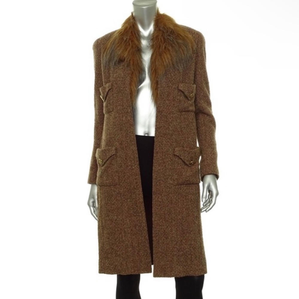 CHANEL Fur Long Coat Tweed Brown FR 36 Vintage